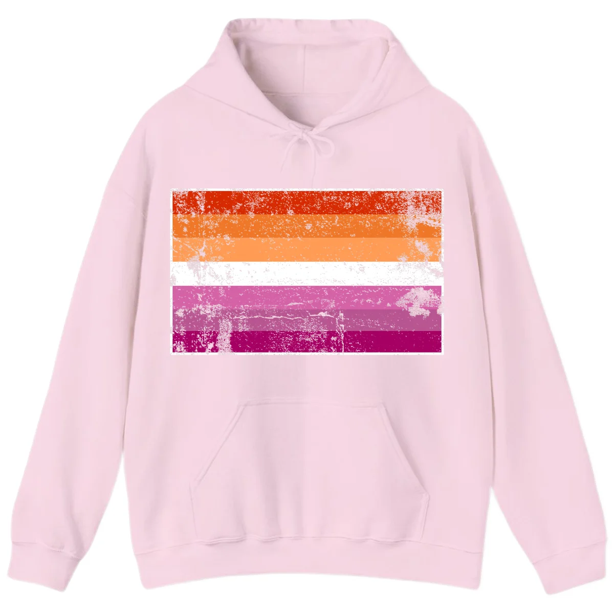 Lesbian pride flag with seven horizontal stripes in red, orange, peach, white, hot pink, magenta, and deep magenta, featuring grunge distressed texture throughout in Light Pink