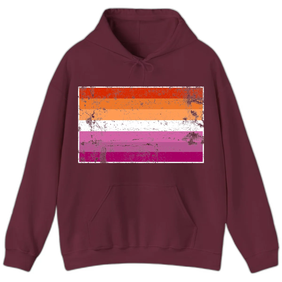 Lesbian pride flag with seven horizontal stripes in red, orange, peach, white, hot pink, magenta, and deep magenta, featuring grunge distressed texture throughout in Maroon