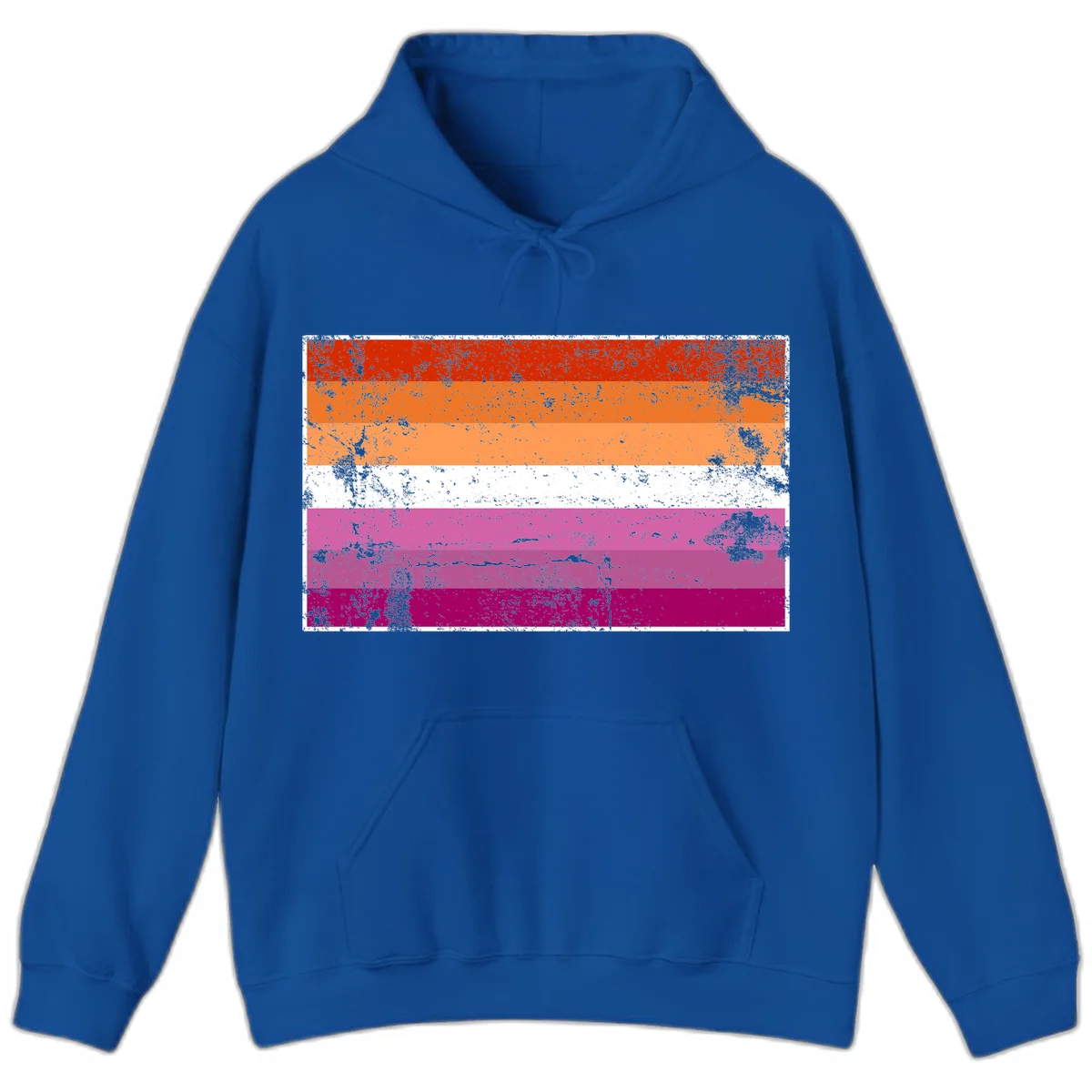 Lesbian pride flag with seven horizontal stripes in red, orange, peach, white, hot pink, magenta, and deep magenta, featuring grunge distressed texture throughout in Royal