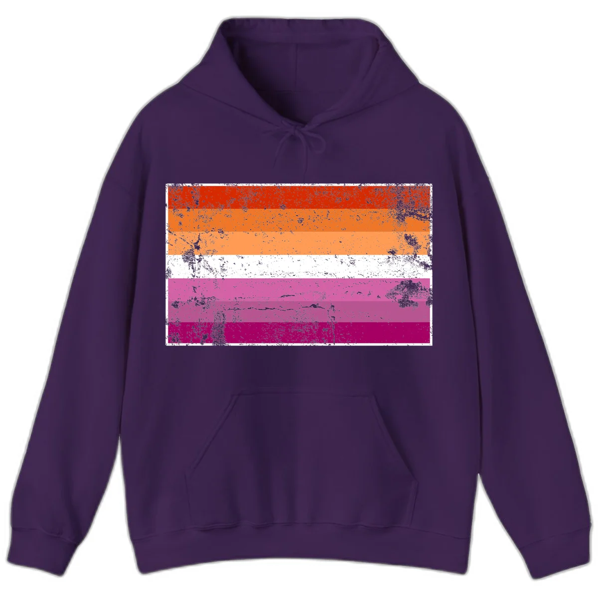 Lesbian pride flag with seven horizontal stripes in red, orange, peach, white, hot pink, magenta, and deep magenta, featuring grunge distressed texture throughout in Purple