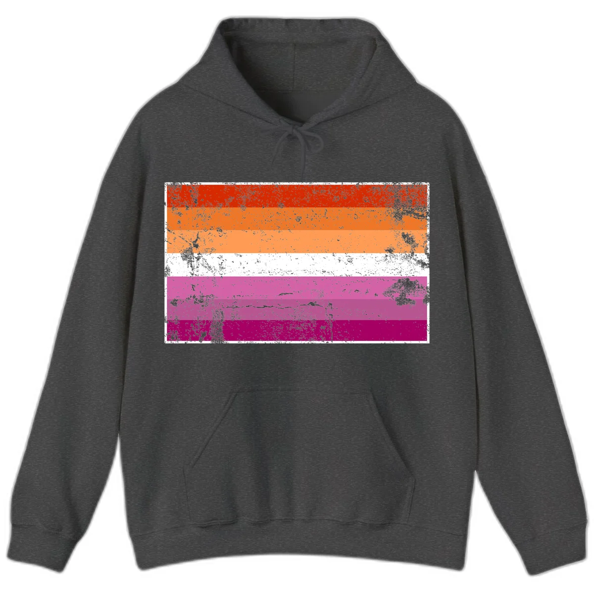 Lesbian pride flag with seven horizontal stripes in red, orange, peach, white, hot pink, magenta, and deep magenta, featuring grunge distressed texture throughout in Dark Heather