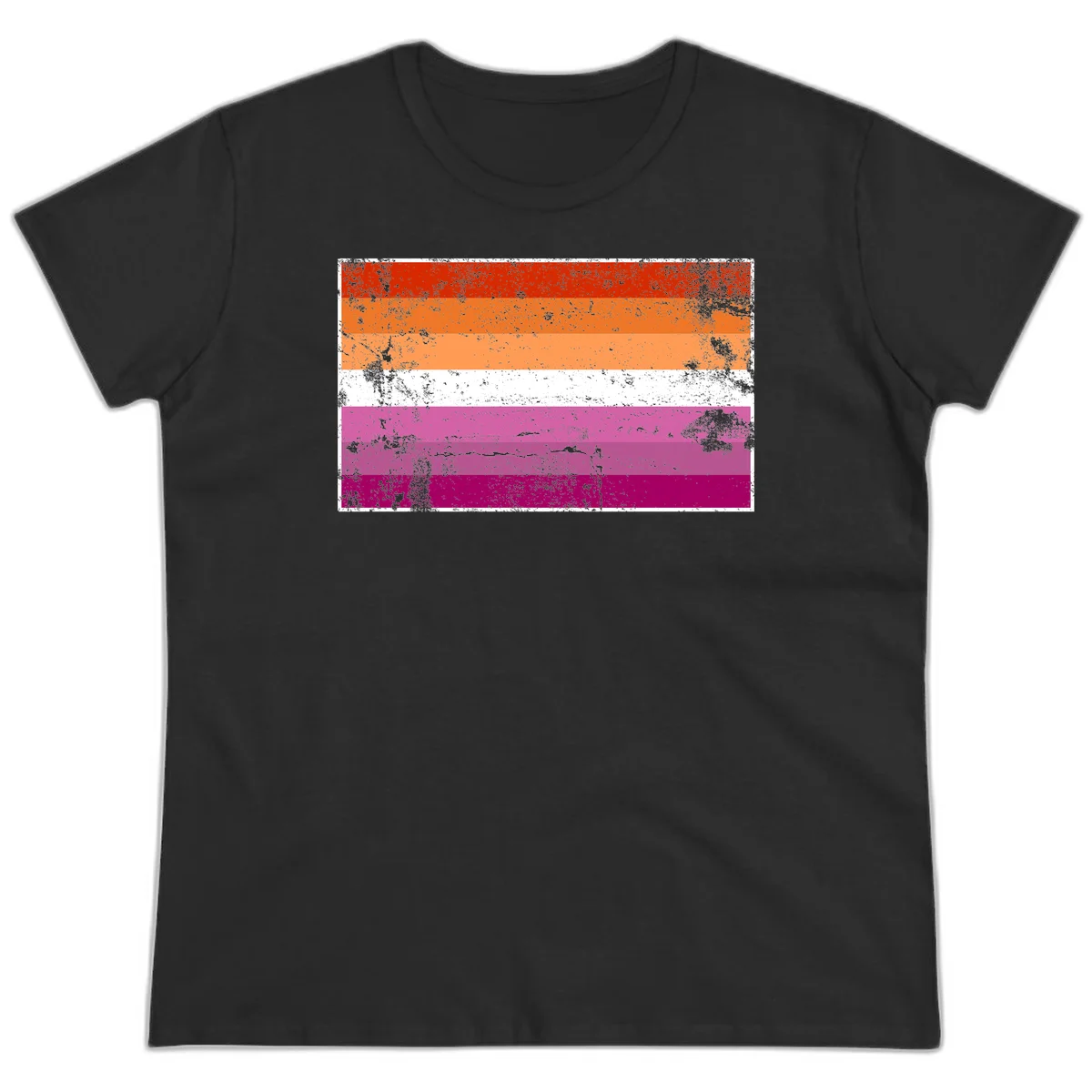 Lesbian pride flag with seven horizontal stripes in red, orange, peach, white, hot pink, magenta, and deep magenta, featuring grunge distressed texture throughout in Black