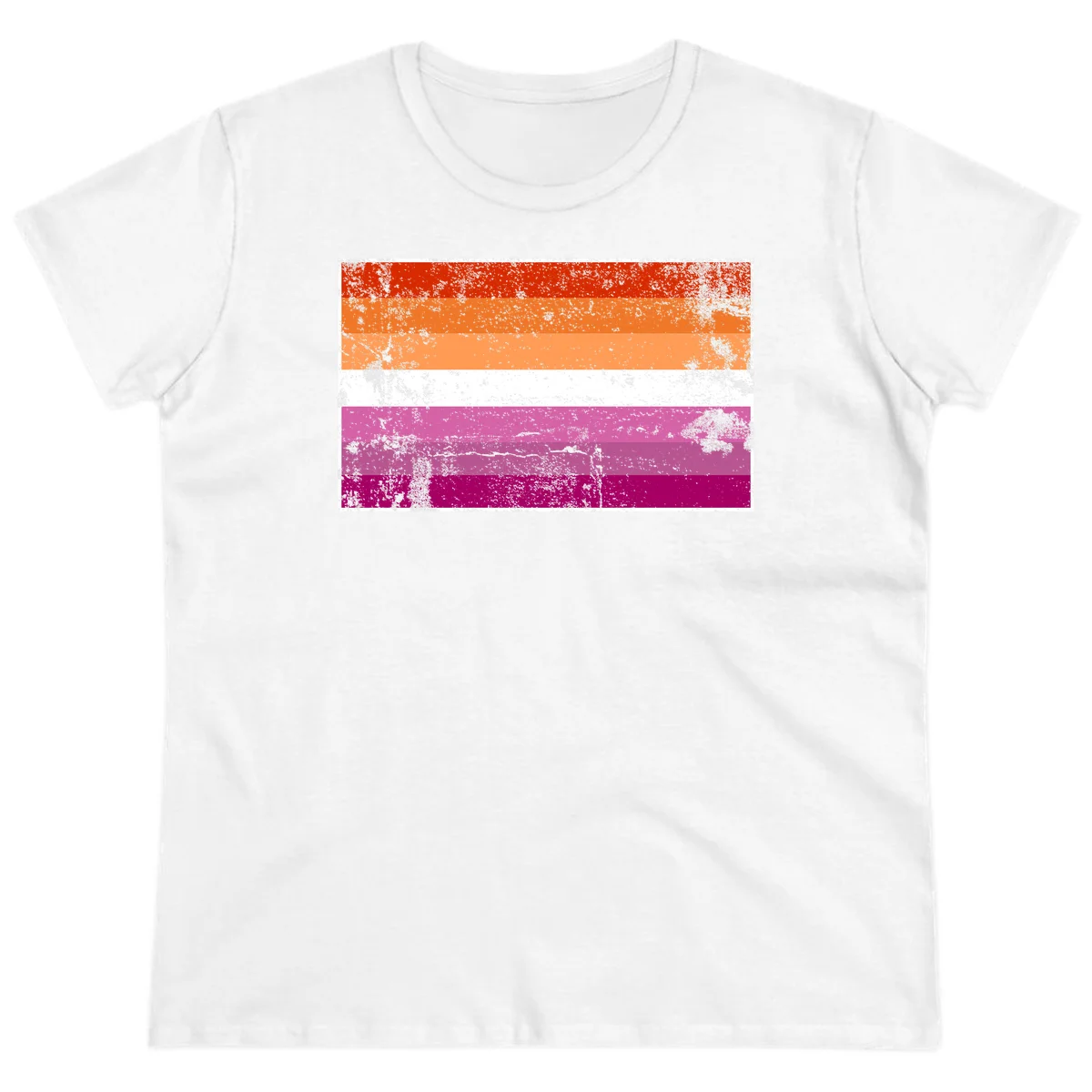 Lesbian pride flag with seven horizontal stripes in red, orange, peach, white, hot pink, magenta, and deep magenta, featuring grunge distressed texture throughout in White