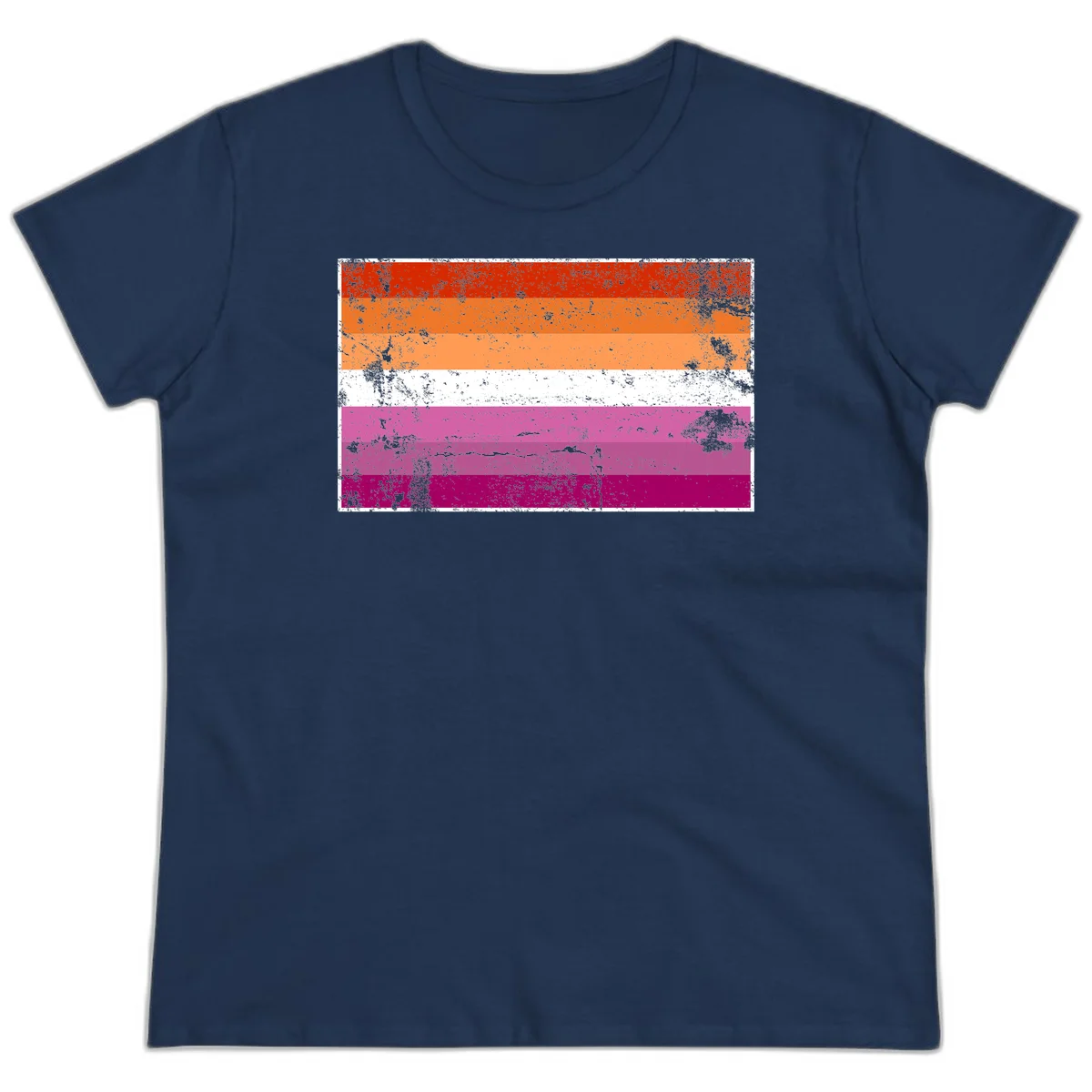 Lesbian pride flag with seven horizontal stripes in red, orange, peach, white, hot pink, magenta, and deep magenta, featuring grunge distressed texture throughout in Navy