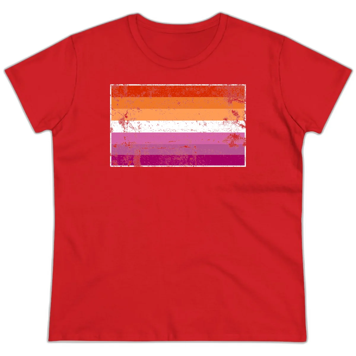 Lesbian pride flag with seven horizontal stripes in red, orange, peach, white, hot pink, magenta, and deep magenta, featuring grunge distressed texture throughout in Red