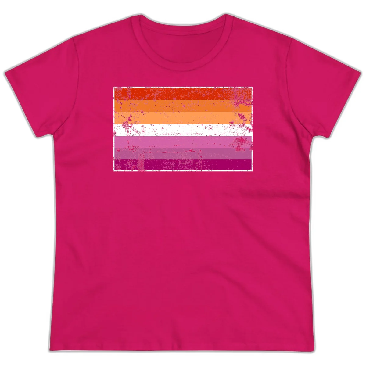 Lesbian pride flag with seven horizontal stripes in red, orange, peach, white, hot pink, magenta, and deep magenta, featuring grunge distressed texture throughout in Heliconia