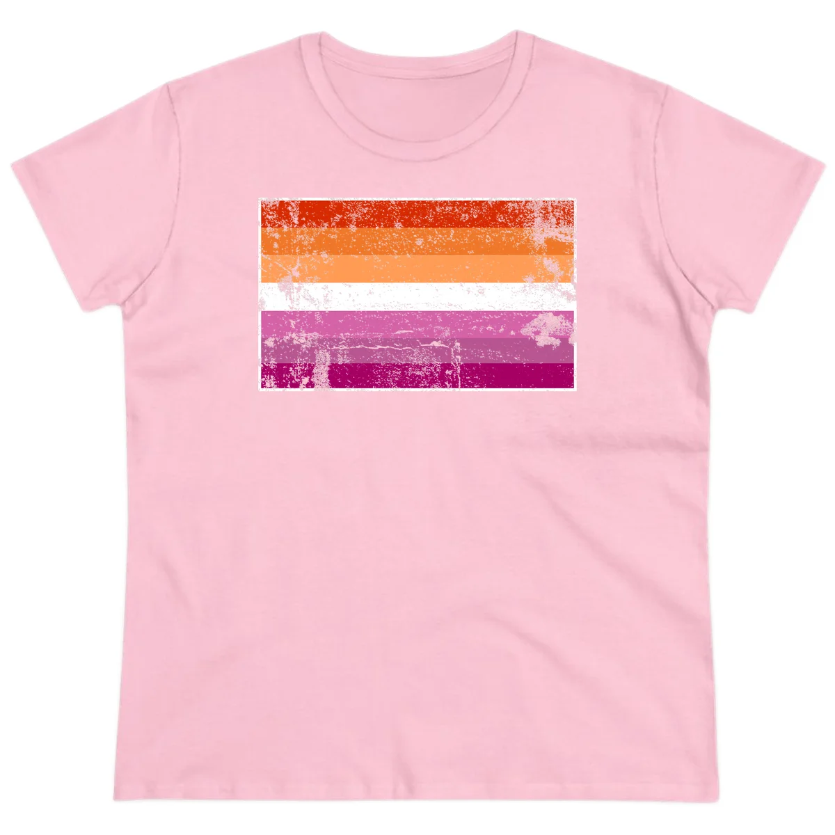 Lesbian pride flag with seven horizontal stripes in red, orange, peach, white, hot pink, magenta, and deep magenta, featuring grunge distressed texture throughout in Light Pink