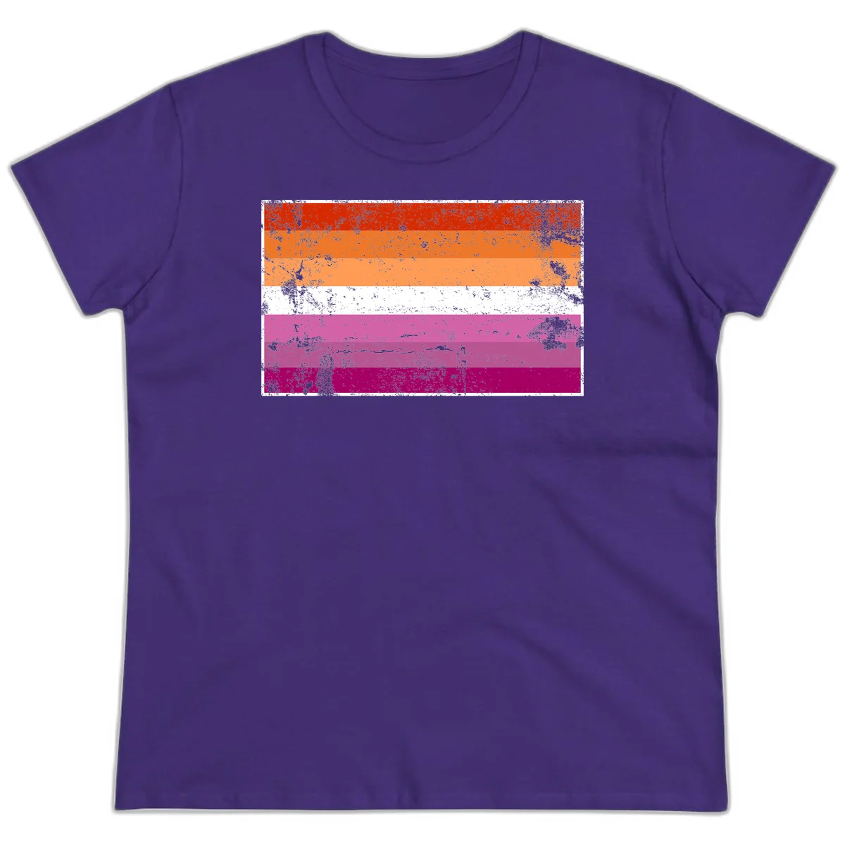 Lesbian pride flag with seven horizontal stripes in red, orange, peach, white, hot pink, magenta, and deep magenta, featuring grunge distressed texture throughout in Purple