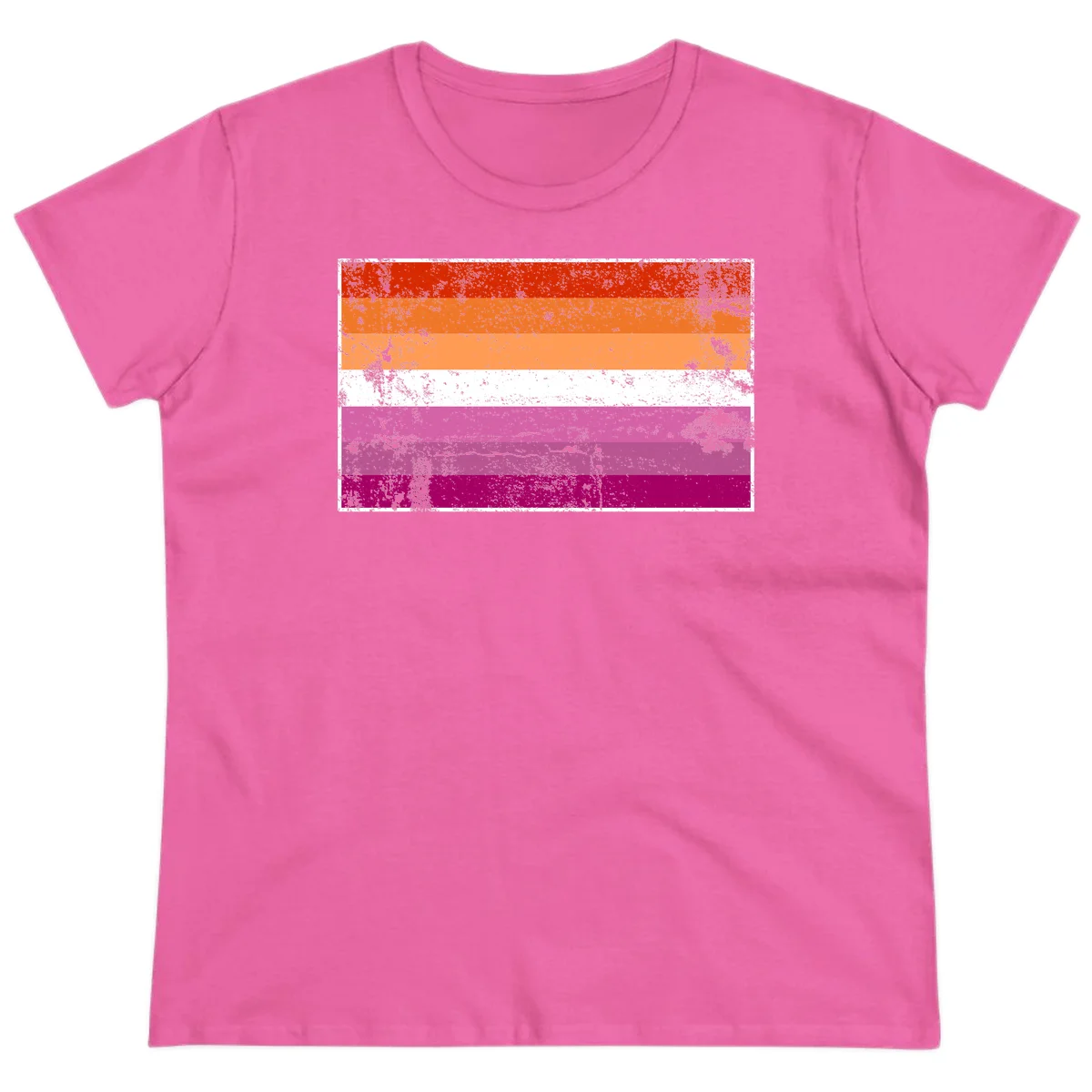 Lesbian pride flag with seven horizontal stripes in red, orange, peach, white, hot pink, magenta, and deep magenta, featuring grunge distressed texture throughout in Azalea