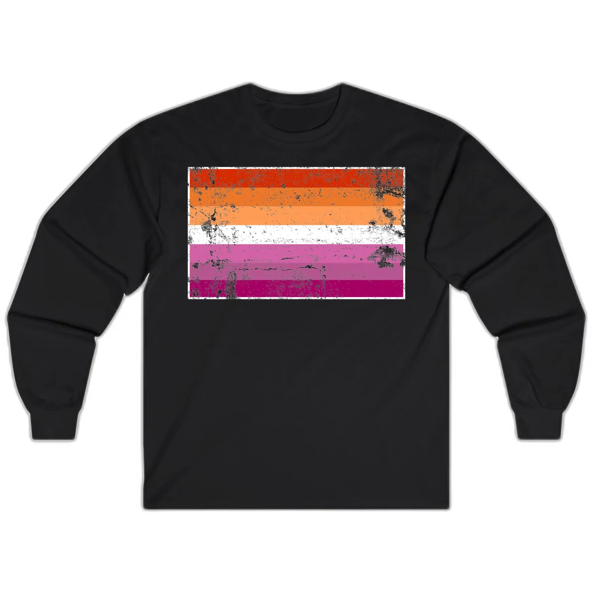 Lesbian pride flag with seven horizontal stripes in red, orange, peach, white, hot pink, magenta, and deep magenta, featuring grunge distressed texture throughout in Black