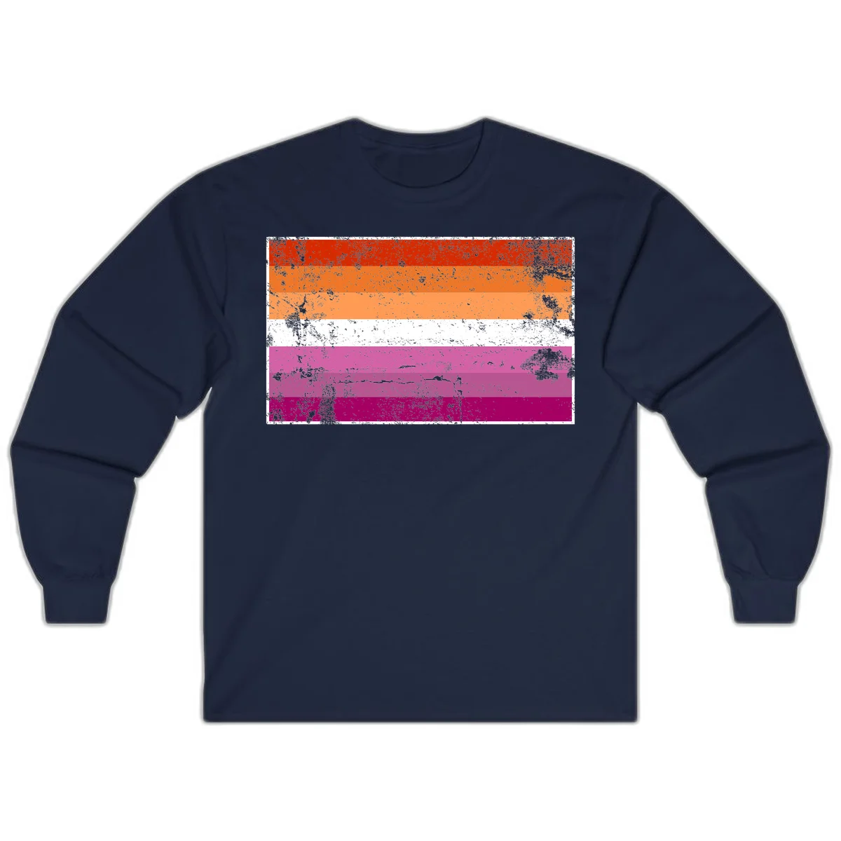 Lesbian pride flag with seven horizontal stripes in red, orange, peach, white, hot pink, magenta, and deep magenta, featuring grunge distressed texture throughout in Navy