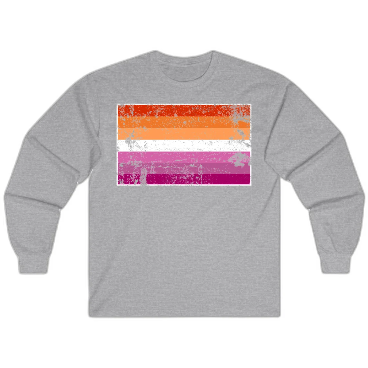 Lesbian pride flag with seven horizontal stripes in red, orange, peach, white, hot pink, magenta, and deep magenta, featuring grunge distressed texture throughout in Sport Grey