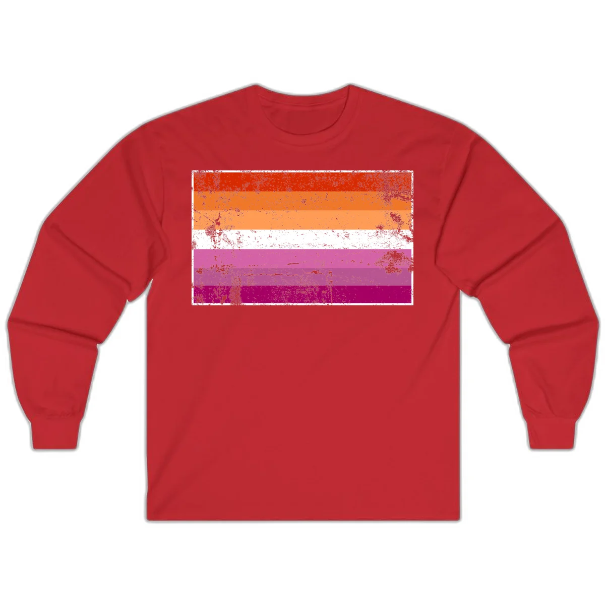 Lesbian pride flag with seven horizontal stripes in red, orange, peach, white, hot pink, magenta, and deep magenta, featuring grunge distressed texture throughout in Red