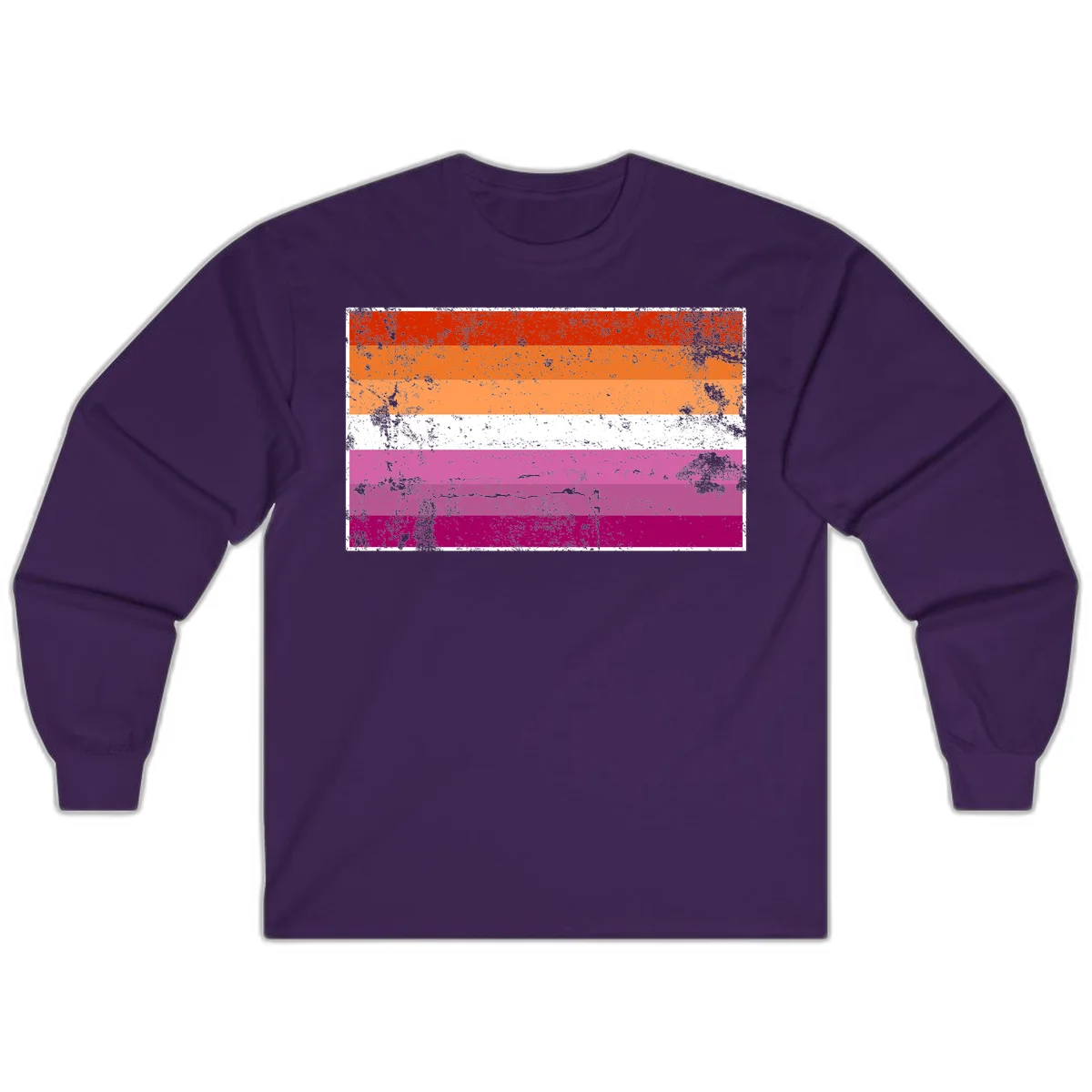 Lesbian pride flag with seven horizontal stripes in red, orange, peach, white, hot pink, magenta, and deep magenta, featuring grunge distressed texture throughout in Purple
