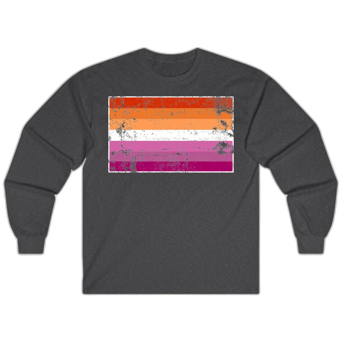 Lesbian pride flag with seven horizontal stripes in red, orange, peach, white, hot pink, magenta, and deep magenta, featuring grunge distressed texture throughout in Dark Heather