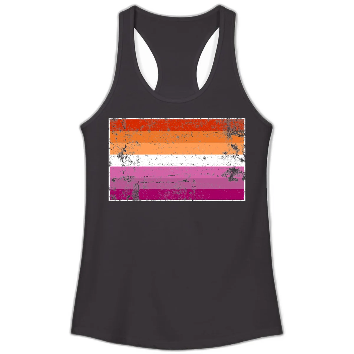Lesbian pride flag with seven horizontal stripes in red, orange, peach, white, hot pink, magenta, and deep magenta, featuring grunge distressed texture throughout in Black