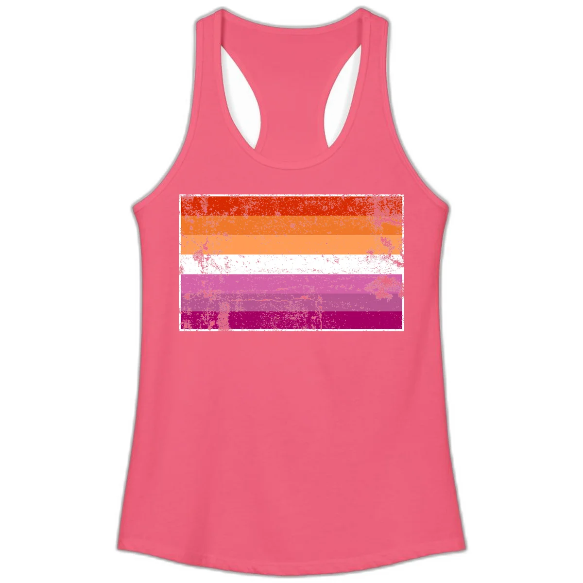 Lesbian pride flag with seven horizontal stripes in red, orange, peach, white, hot pink, magenta, and deep magenta, featuring grunge distressed texture throughout in Hot Pink