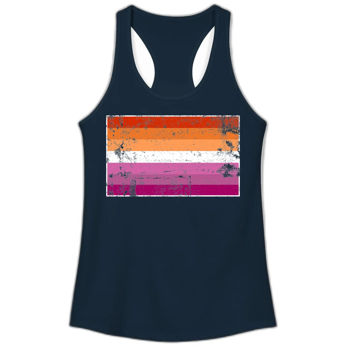 Lesbian pride flag with seven horizontal stripes in red, orange, peach, white, hot pink, magenta, and deep magenta, featuring grunge distressed texture throughout in Solid Midnight Navy