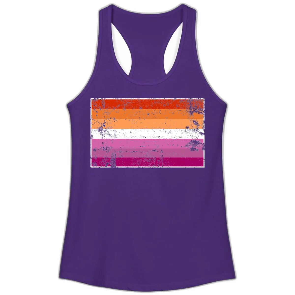 Lesbian pride flag with seven horizontal stripes in red, orange, peach, white, hot pink, magenta, and deep magenta, featuring grunge distressed texture throughout in Solid Purple Rush