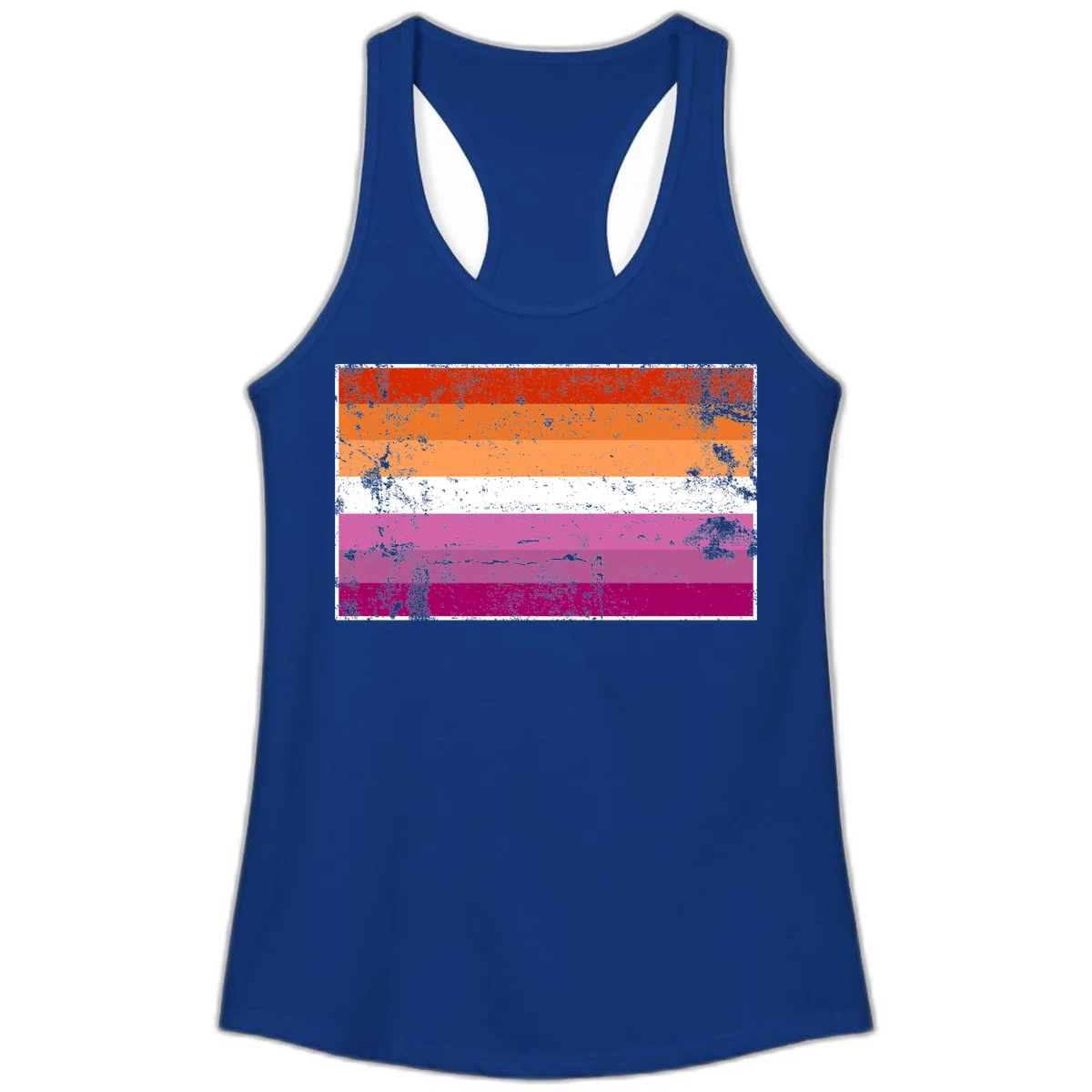 Lesbian pride flag with seven horizontal stripes in red, orange, peach, white, hot pink, magenta, and deep magenta, featuring grunge distressed texture throughout in Solid Royal