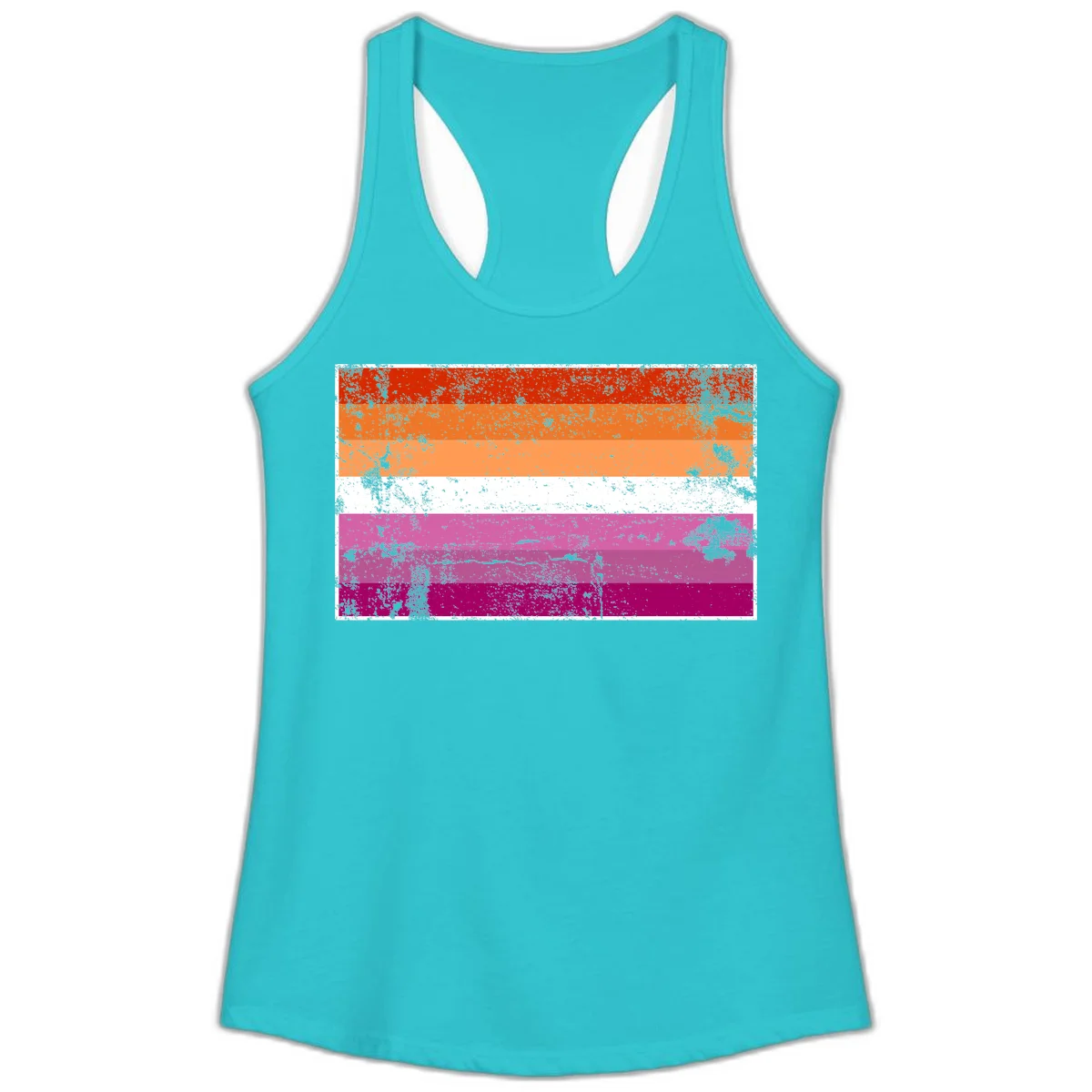 Lesbian pride flag with seven horizontal stripes in red, orange, peach, white, hot pink, magenta, and deep magenta, featuring grunge distressed texture throughout in Solid Tahiti Blue