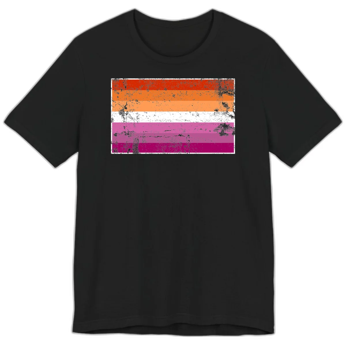 Lesbian pride flag with seven horizontal stripes in red, orange, peach, white, hot pink, magenta, and deep magenta, featuring grunge distressed texture throughout in Black