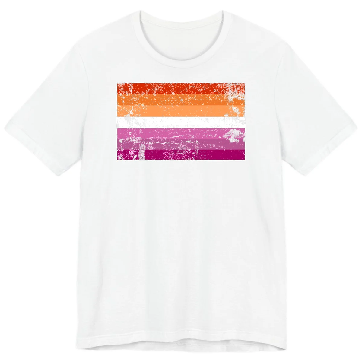 Lesbian pride flag with seven horizontal stripes in red, orange, peach, white, hot pink, magenta, and deep magenta, featuring grunge distressed texture throughout in White