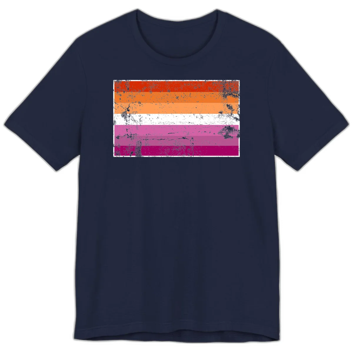 Lesbian pride flag with seven horizontal stripes in red, orange, peach, white, hot pink, magenta, and deep magenta, featuring grunge distressed texture throughout in Navy