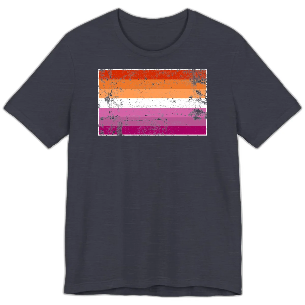 Lesbian pride flag with seven horizontal stripes in red, orange, peach, white, hot pink, magenta, and deep magenta, featuring grunge distressed texture throughout in Heather Midnight Navy