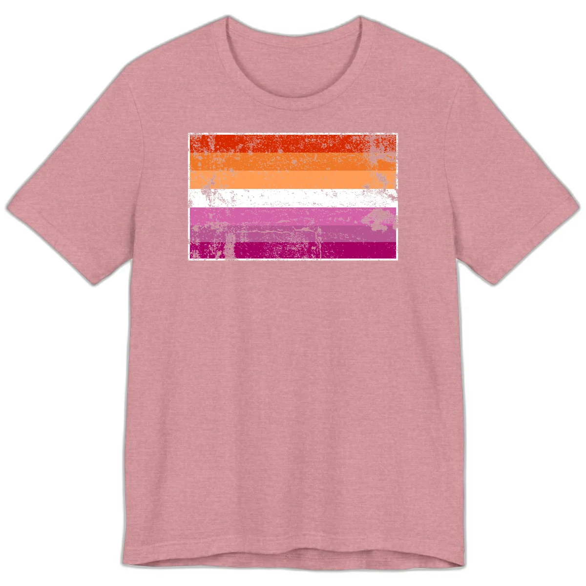 Lesbian pride flag with seven horizontal stripes in red, orange, peach, white, hot pink, magenta, and deep magenta, featuring grunge distressed texture throughout in Heather Orchid