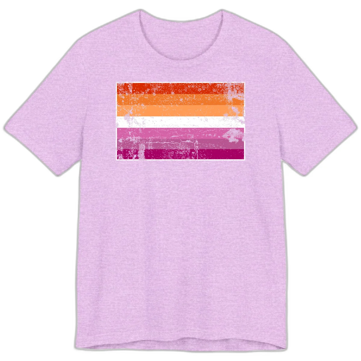 Lesbian pride flag with seven horizontal stripes in red, orange, peach, white, hot pink, magenta, and deep magenta, featuring grunge distressed texture throughout in Heather Prism Lilac