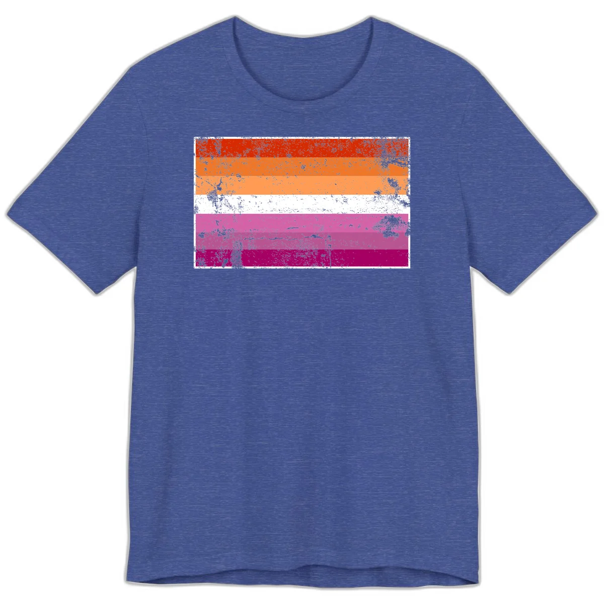 Lesbian pride flag with seven horizontal stripes in red, orange, peach, white, hot pink, magenta, and deep magenta, featuring grunge distressed texture throughout in Heather True Royal