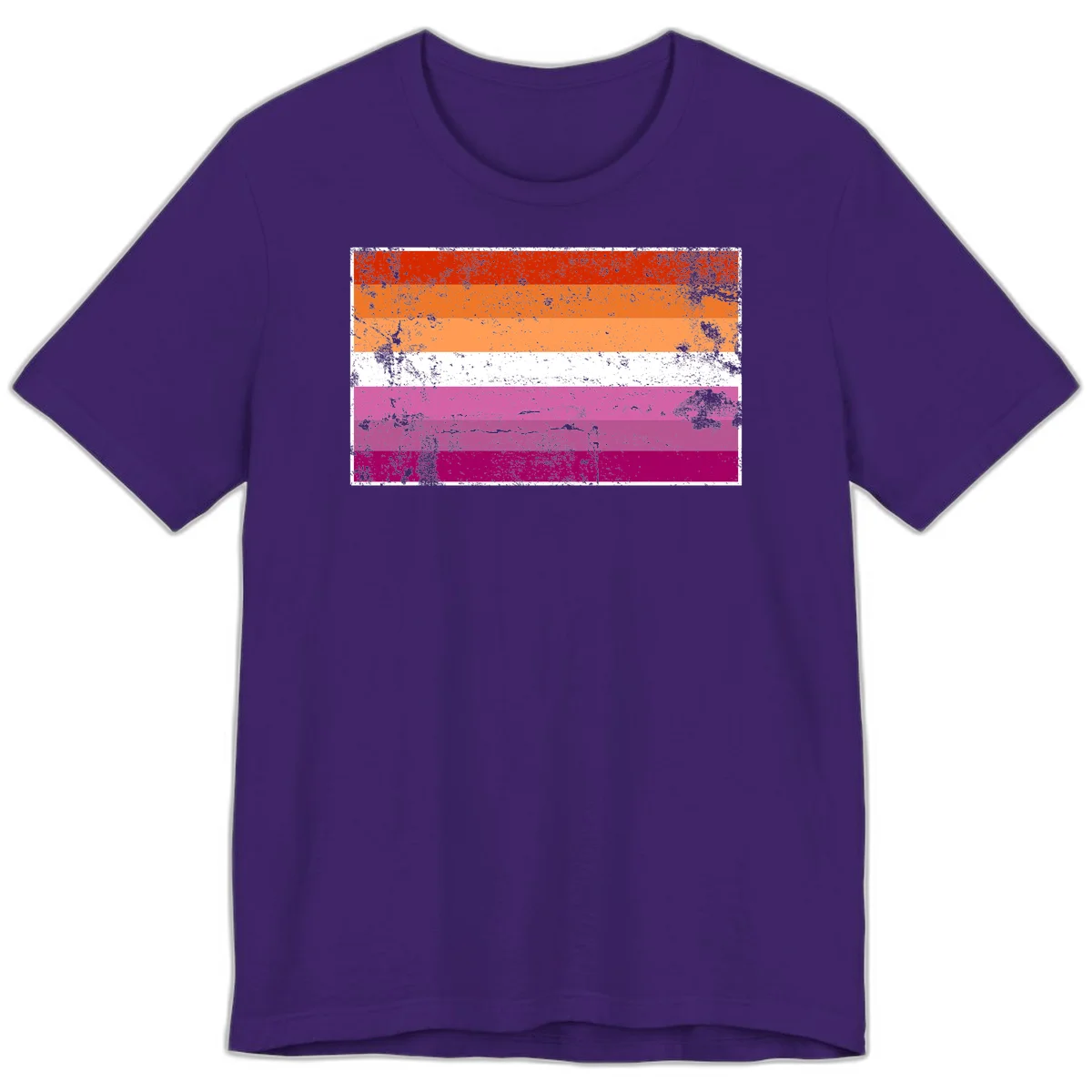 Lesbian pride flag with seven horizontal stripes in red, orange, peach, white, hot pink, magenta, and deep magenta, featuring grunge distressed texture throughout in Team Purple