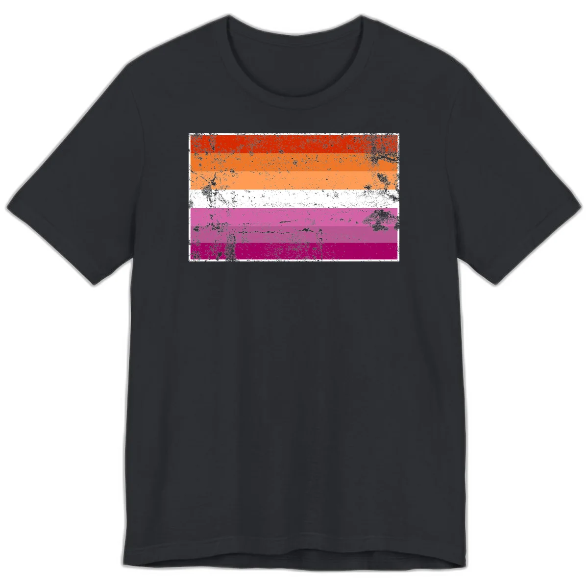 Lesbian pride flag with seven horizontal stripes in red, orange, peach, white, hot pink, magenta, and deep magenta, featuring grunge distressed texture throughout in Vintage Black