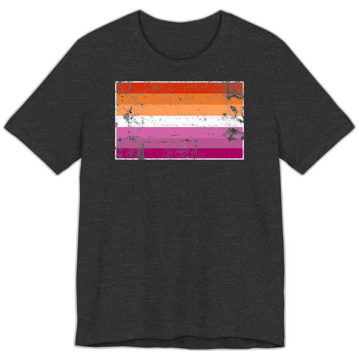 Lesbian pride flag with seven horizontal stripes in red, orange, peach, white, hot pink, magenta, and deep magenta, featuring grunge distressed texture throughout in Dark Grey Heather