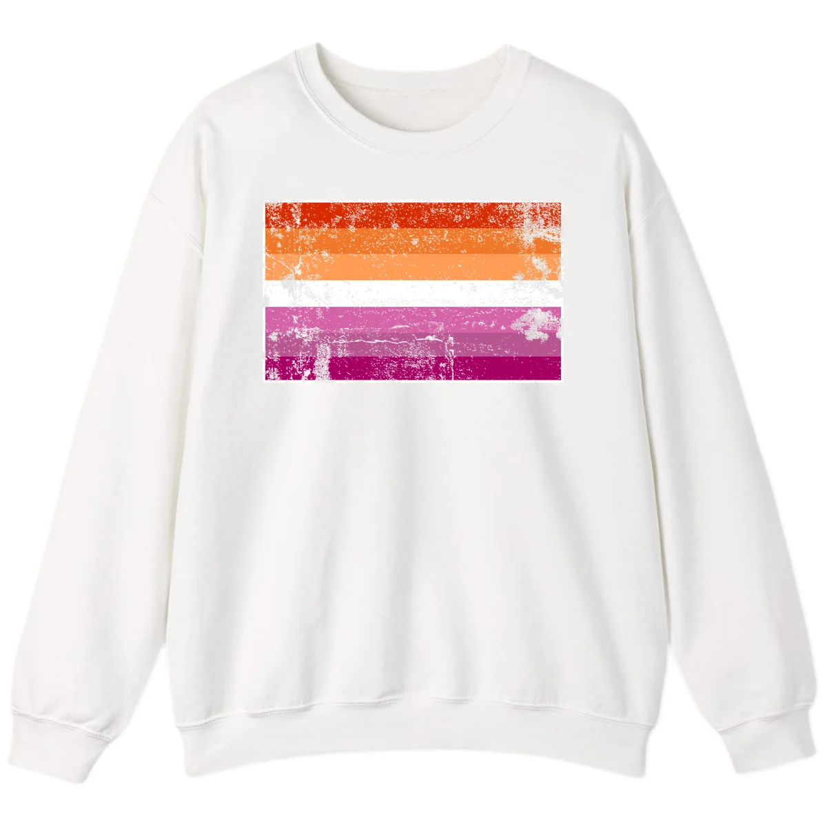 Lesbian pride flag with seven horizontal stripes in red, orange, peach, white, hot pink, magenta, and deep magenta, featuring grunge distressed texture throughout in White