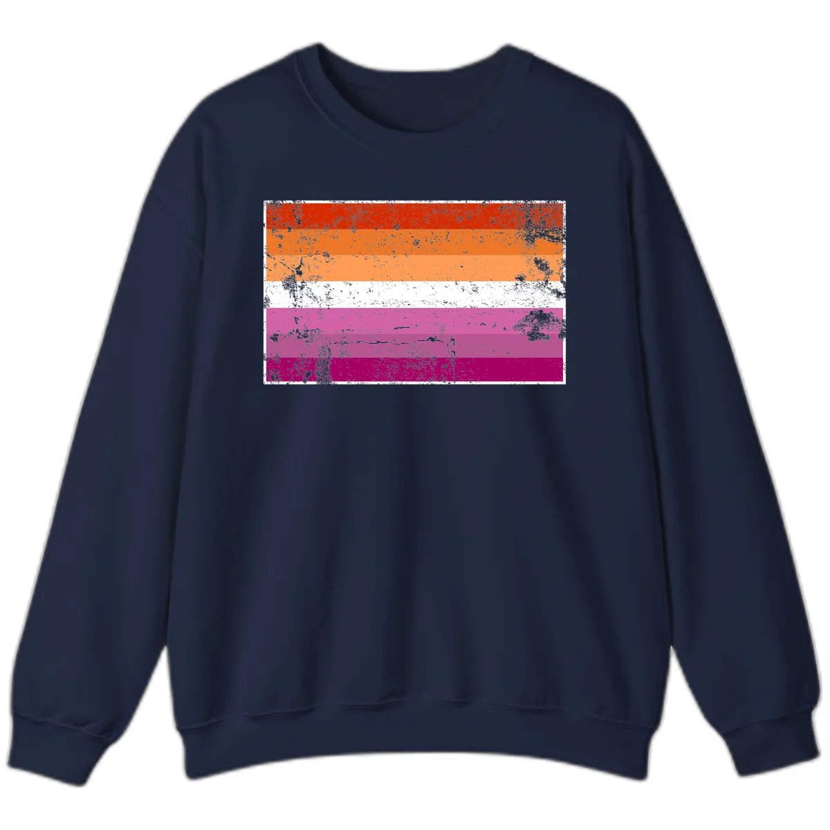 Lesbian pride flag with seven horizontal stripes in red, orange, peach, white, hot pink, magenta, and deep magenta, featuring grunge distressed texture throughout in Navy