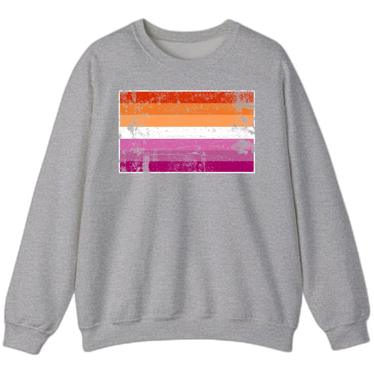 Lesbian pride flag with seven horizontal stripes in red, orange, peach, white, hot pink, magenta, and deep magenta, featuring grunge distressed texture throughout in Sport Grey
