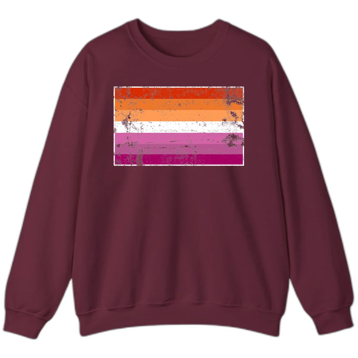 Lesbian pride flag with seven horizontal stripes in red, orange, peach, white, hot pink, magenta, and deep magenta, featuring grunge distressed texture throughout in Maroon