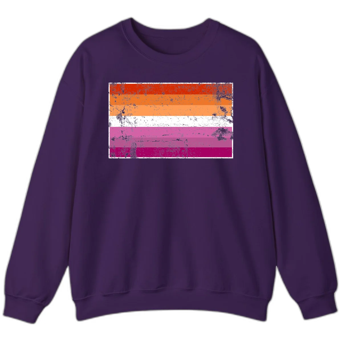 Lesbian pride flag with seven horizontal stripes in red, orange, peach, white, hot pink, magenta, and deep magenta, featuring grunge distressed texture throughout in Purple