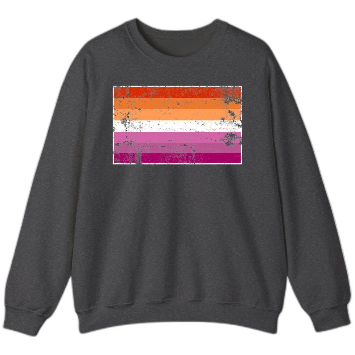Lesbian pride flag with seven horizontal stripes in red, orange, peach, white, hot pink, magenta, and deep magenta, featuring grunge distressed texture throughout in Dark Heather