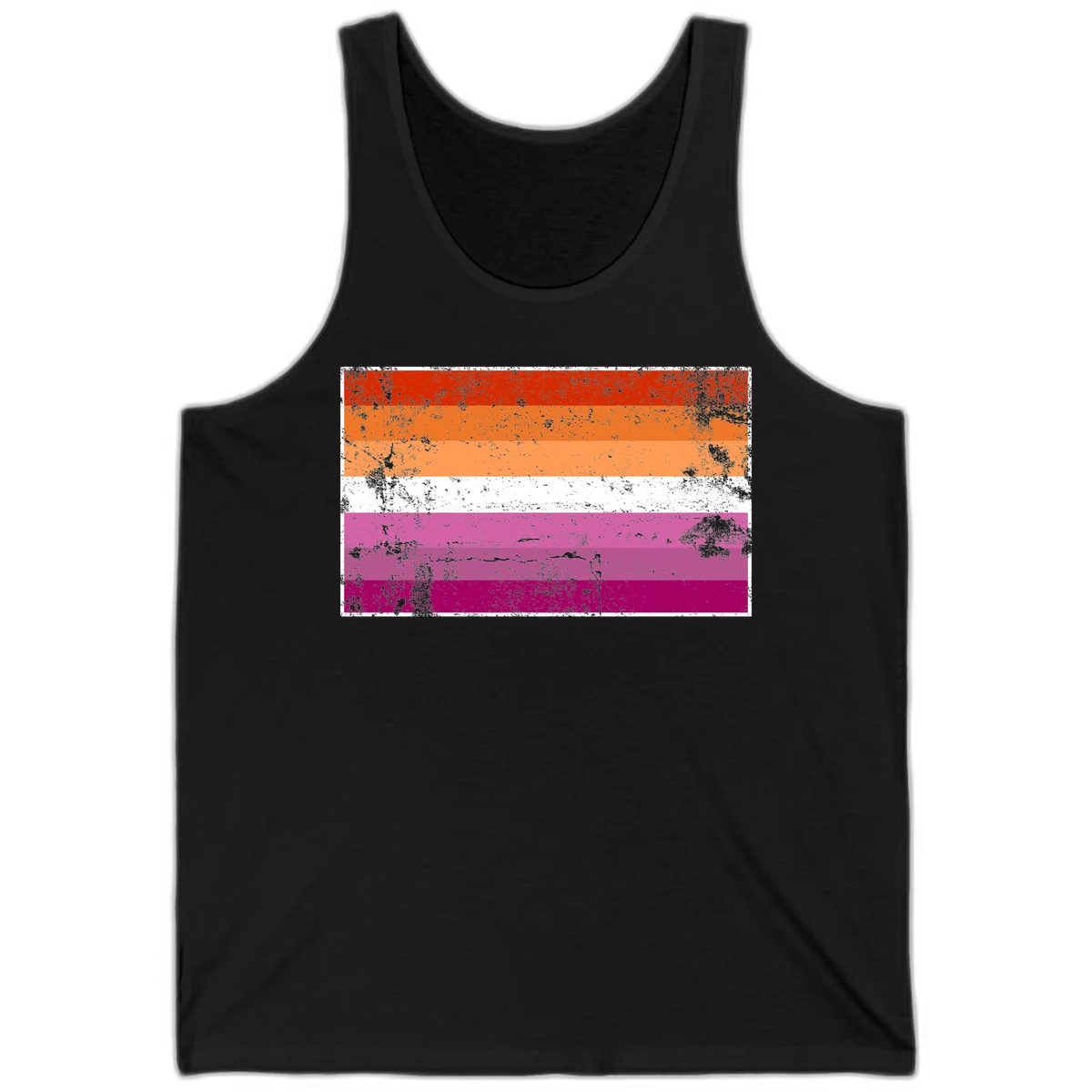 Lesbian pride flag with seven horizontal stripes in red, orange, peach, white, hot pink, magenta, and deep magenta, featuring grunge distressed texture throughout in Black