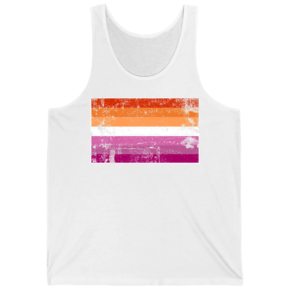 Lesbian pride flag with seven horizontal stripes in red, orange, peach, white, hot pink, magenta, and deep magenta, featuring grunge distressed texture throughout in White