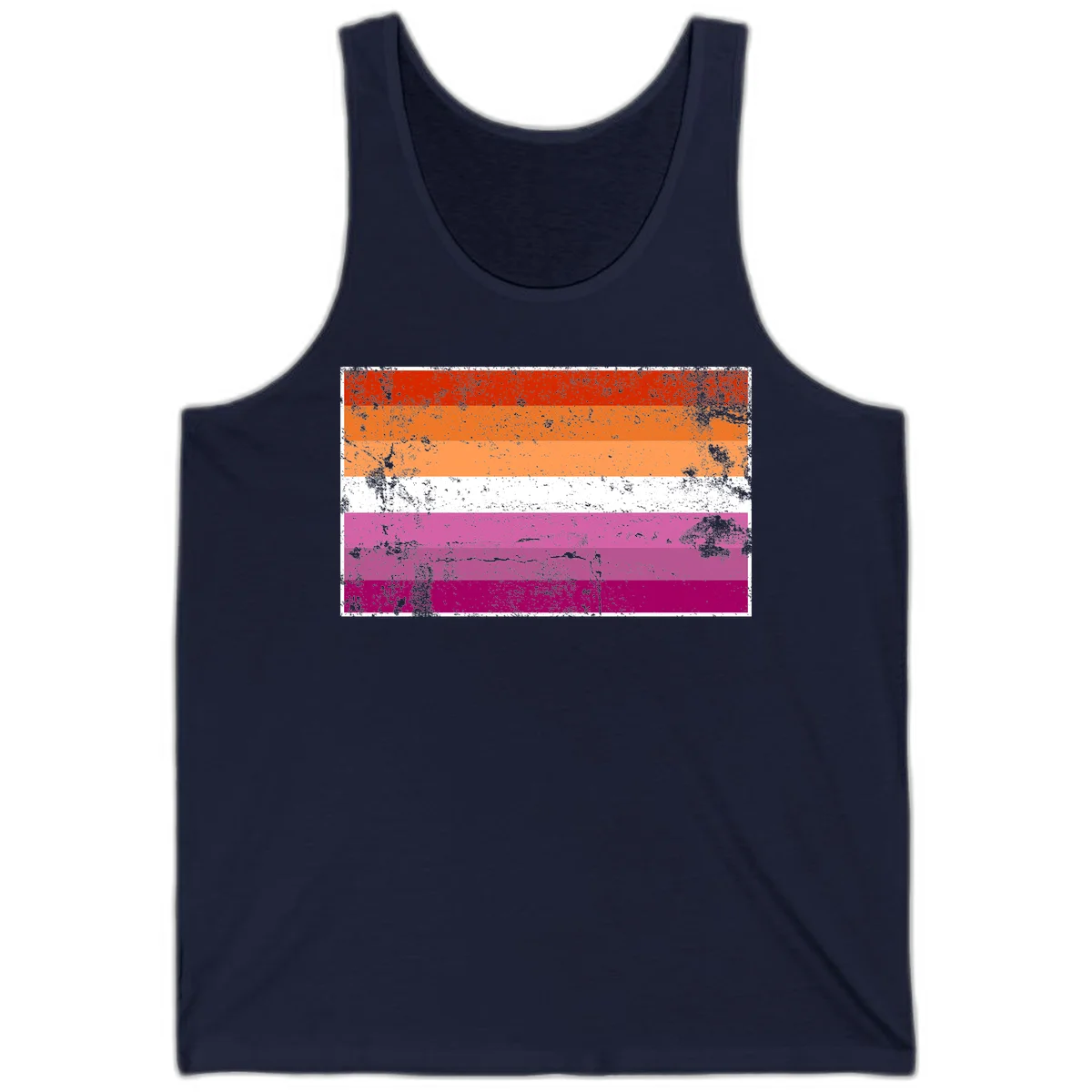 Lesbian pride flag with seven horizontal stripes in red, orange, peach, white, hot pink, magenta, and deep magenta, featuring grunge distressed texture throughout in Navy