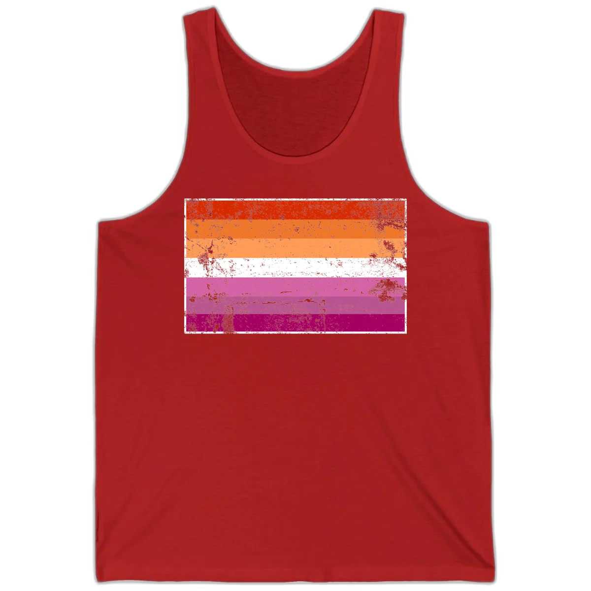 Lesbian pride flag with seven horizontal stripes in red, orange, peach, white, hot pink, magenta, and deep magenta, featuring grunge distressed texture throughout in Red