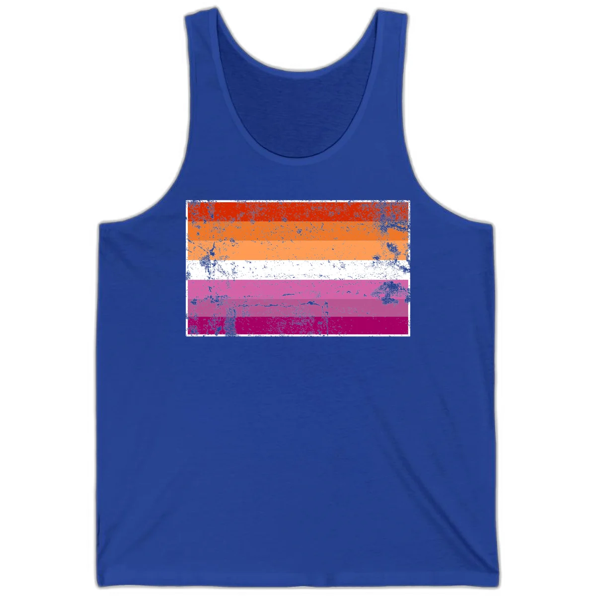 Lesbian pride flag with seven horizontal stripes in red, orange, peach, white, hot pink, magenta, and deep magenta, featuring grunge distressed texture throughout in True Royal