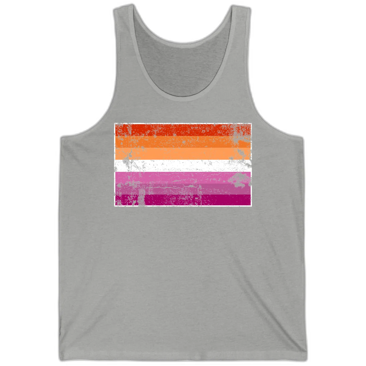 Lesbian pride flag with seven horizontal stripes in red, orange, peach, white, hot pink, magenta, and deep magenta, featuring grunge distressed texture throughout in Athletic Heather