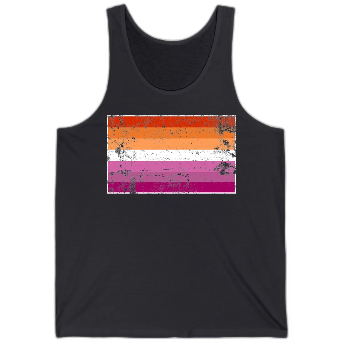 Lesbian pride flag with seven horizontal stripes in red, orange, peach, white, hot pink, magenta, and deep magenta, featuring grunge distressed texture throughout in Dark Grey