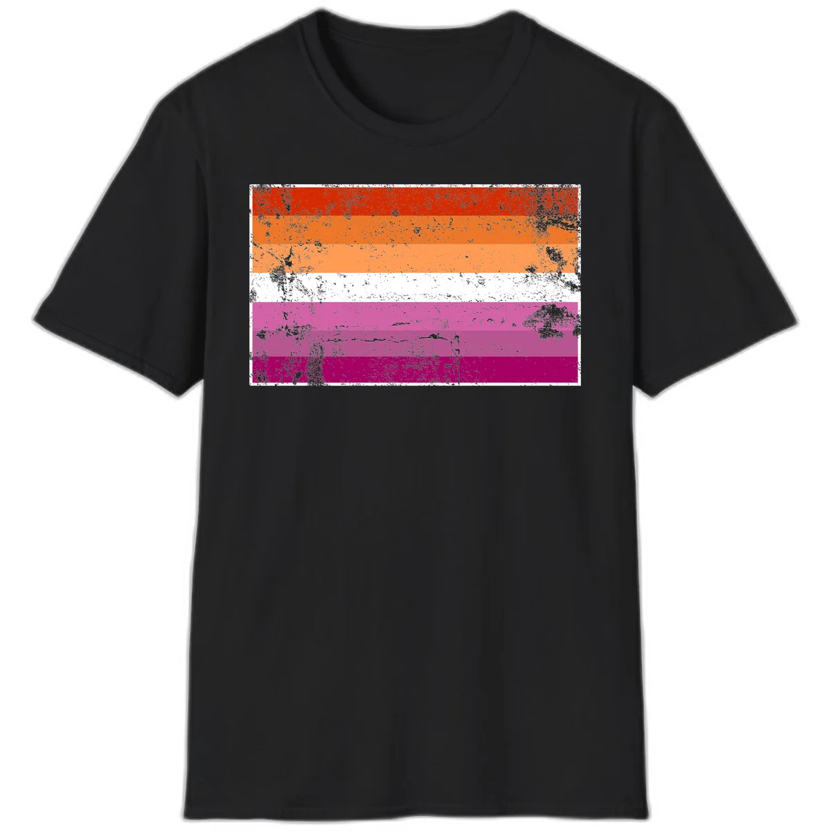 Lesbian pride flag with seven horizontal stripes in red, orange, peach, white, hot pink, magenta, and deep magenta, featuring grunge distressed texture throughout in Black