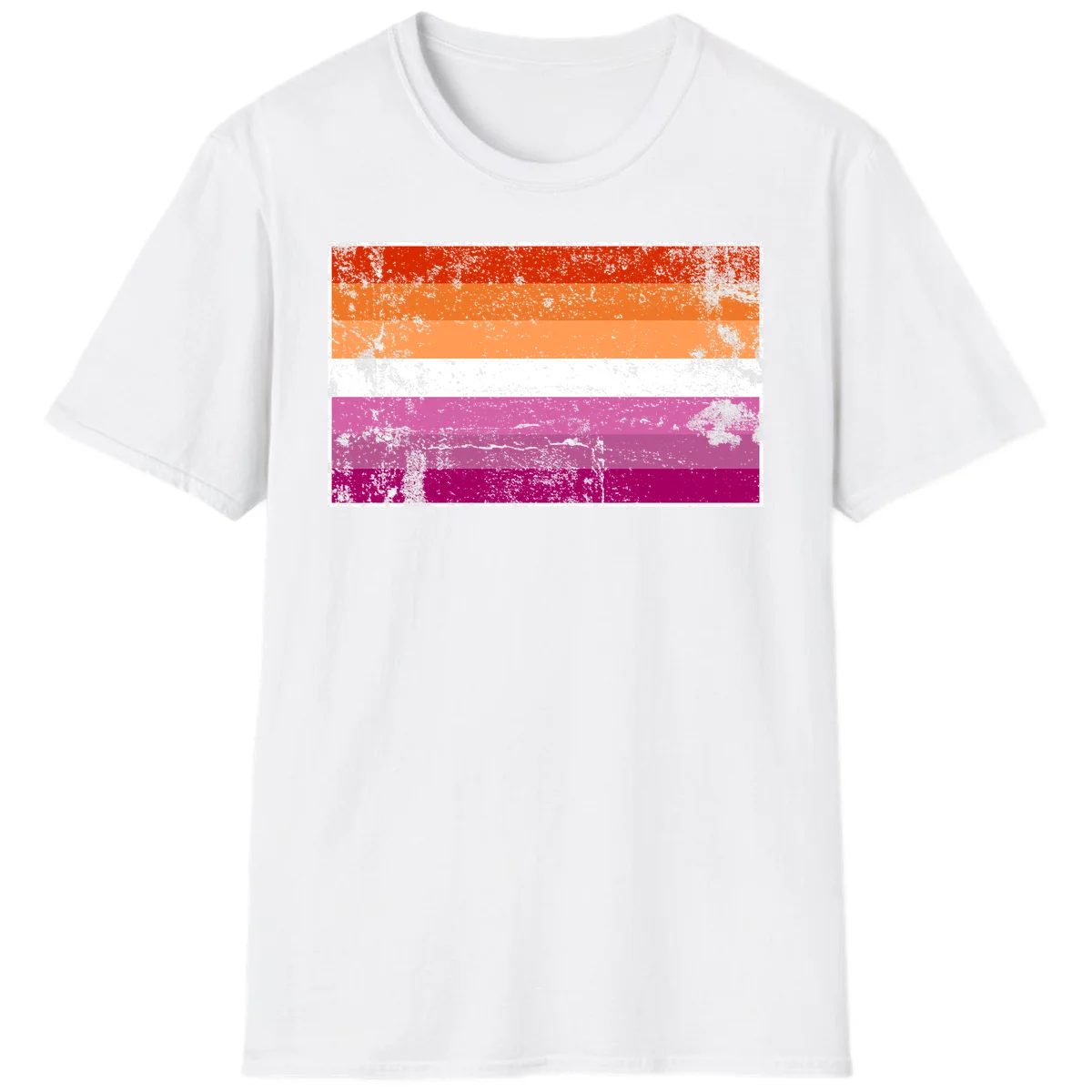 Lesbian pride flag with seven horizontal stripes in red, orange, peach, white, hot pink, magenta, and deep magenta, featuring grunge distressed texture throughout in White